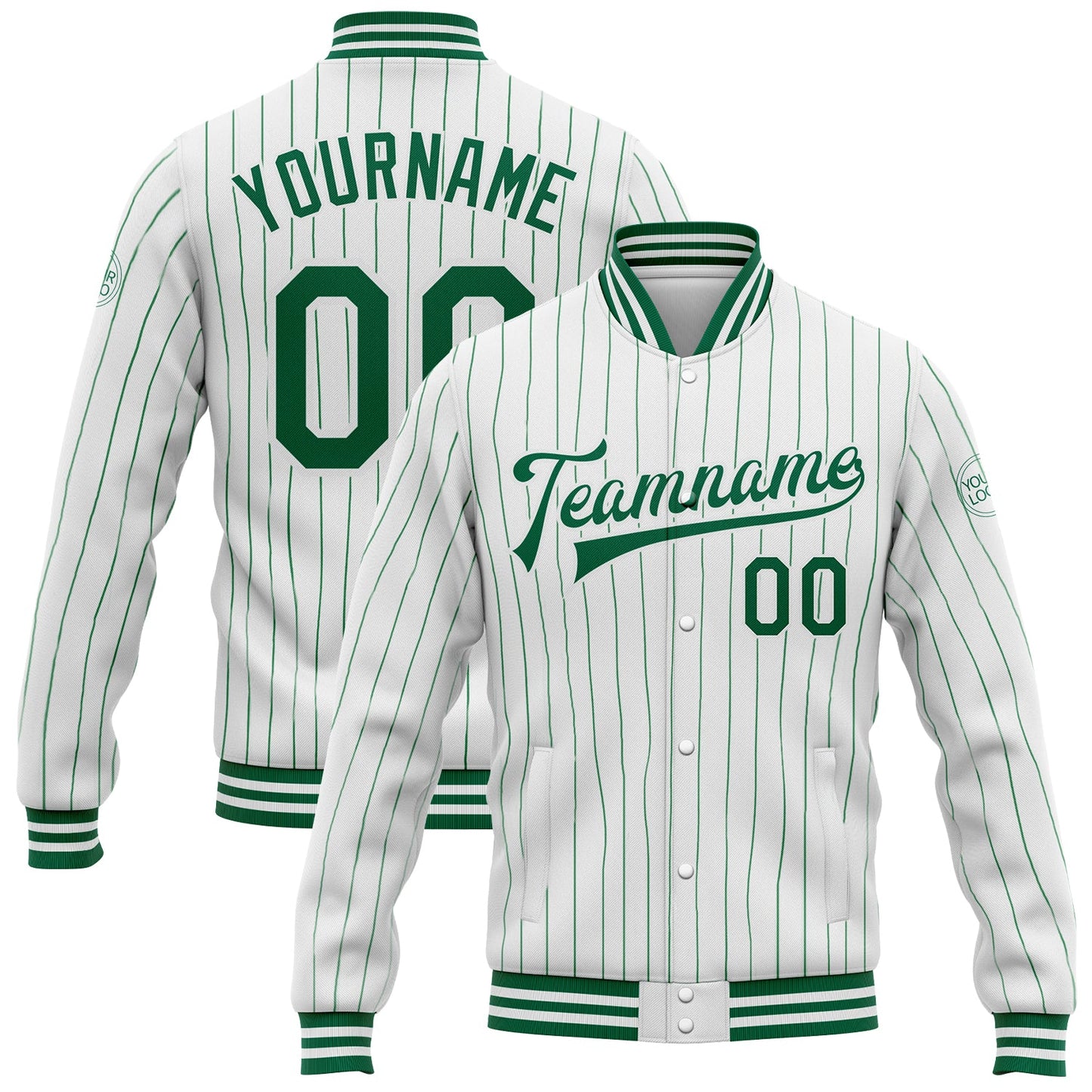 Custom White Kelly Green Pinstripe Kelly Green Bomber Full-Snap Varsity Letterman Jacket - Main View