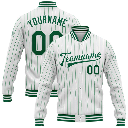 Custom White Kelly Green Pinstripe Kelly Green Bomber Full-Snap Varsity Letterman Jacket - Main View