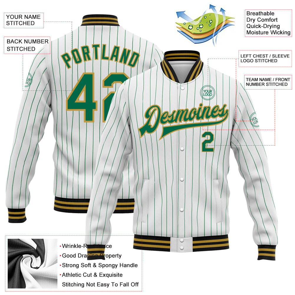 Custom White Kelly Green Pinstripe Old Gold-Black Bomber Full-Snap Varsity Letterman Jacket view 5