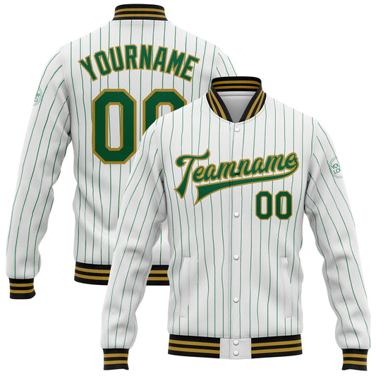 Custom White Kelly Green Pinstripe Old Gold-Black Bomber Full-Snap Varsity Letterman Jacket - Main View