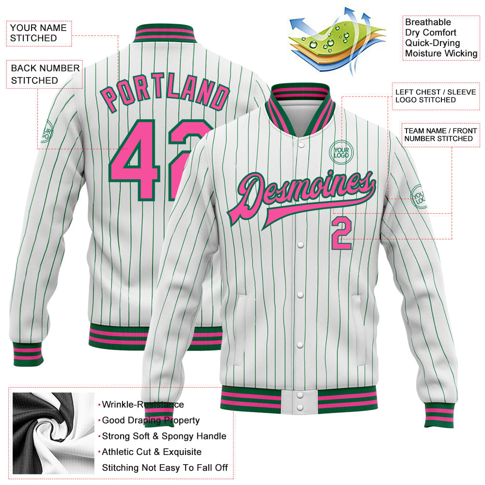Custom White Kelly Green Pinstripe Pink Bomber Full-Snap Varsity Letterman Jacket view 5