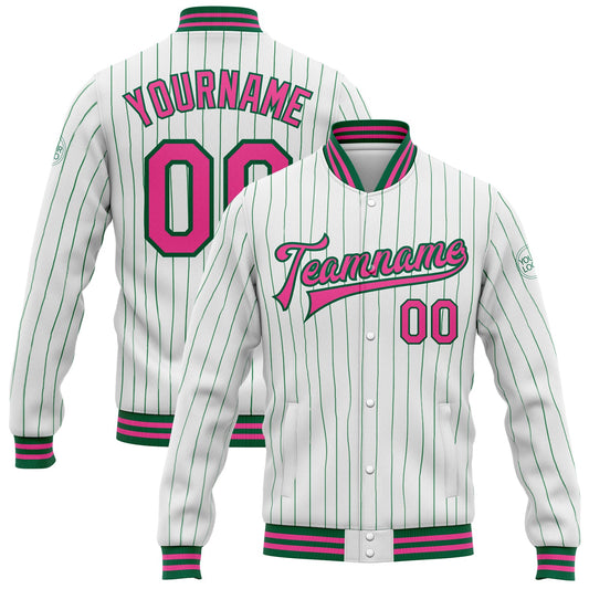 Custom White Kelly Green Pinstripe Pink Bomber Full-Snap Varsity Letterman Jacket - Main View