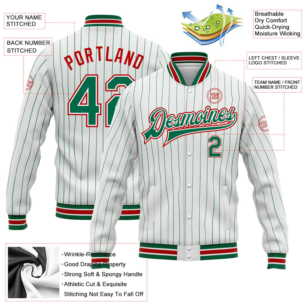 Custom White Kelly Green Pinstripe Red Bomber Full-Snap Varsity Letterman Jacket view 5