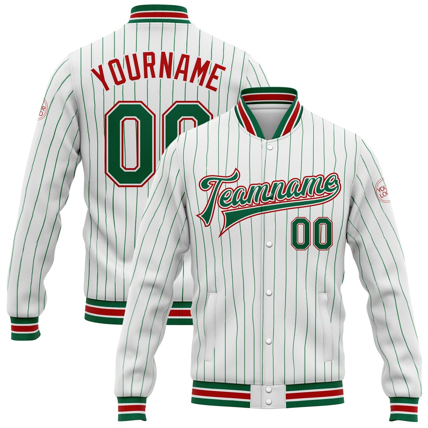 Custom White Kelly Green Pinstripe Red Bomber Full-Snap Varsity Letterman Jacket - Main View