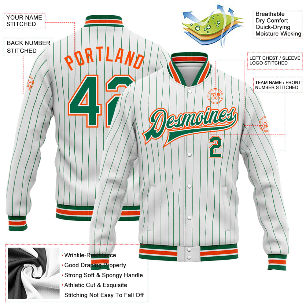 Custom White Kelly Green Pinstripe Orange Bomber Full-Snap Varsity Letterman Jacket view 5