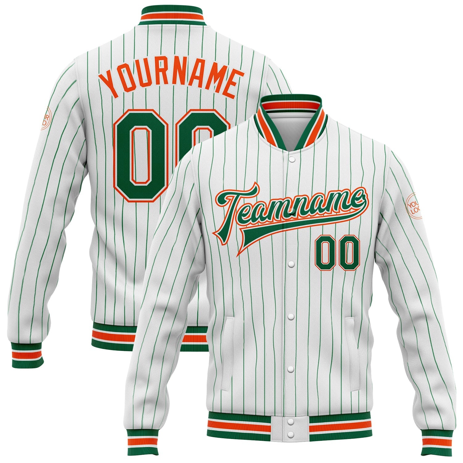 Custom White Kelly Green Pinstripe Orange Bomber Full-Snap Varsity Letterman Jacket - Main View