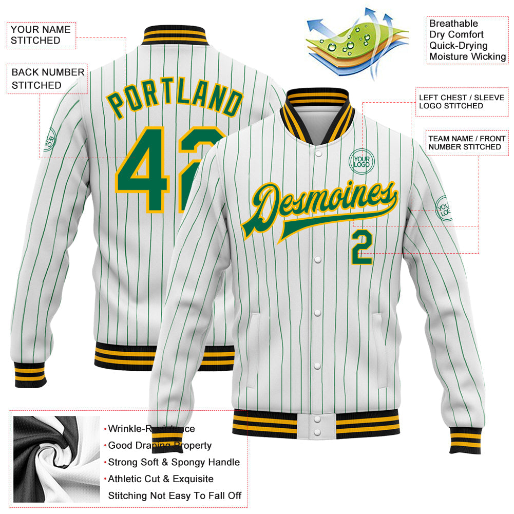 Custom White Kelly Green Pinstripe Gold-Black Bomber Full-Snap Varsity Letterman Jacket view 5
