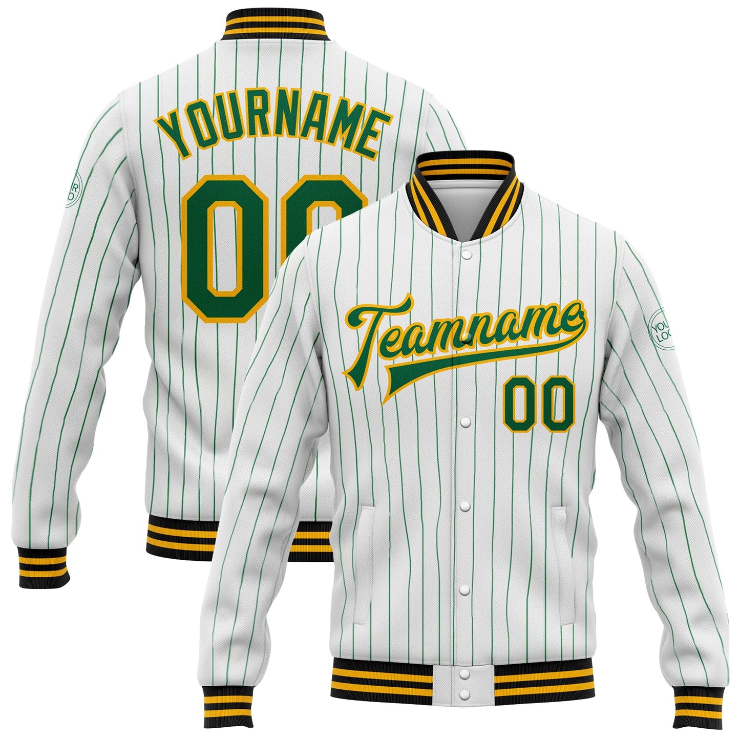 Custom White Kelly Green Pinstripe Gold-Black Bomber Full-Snap Varsity Letterman Jacket - Main View
