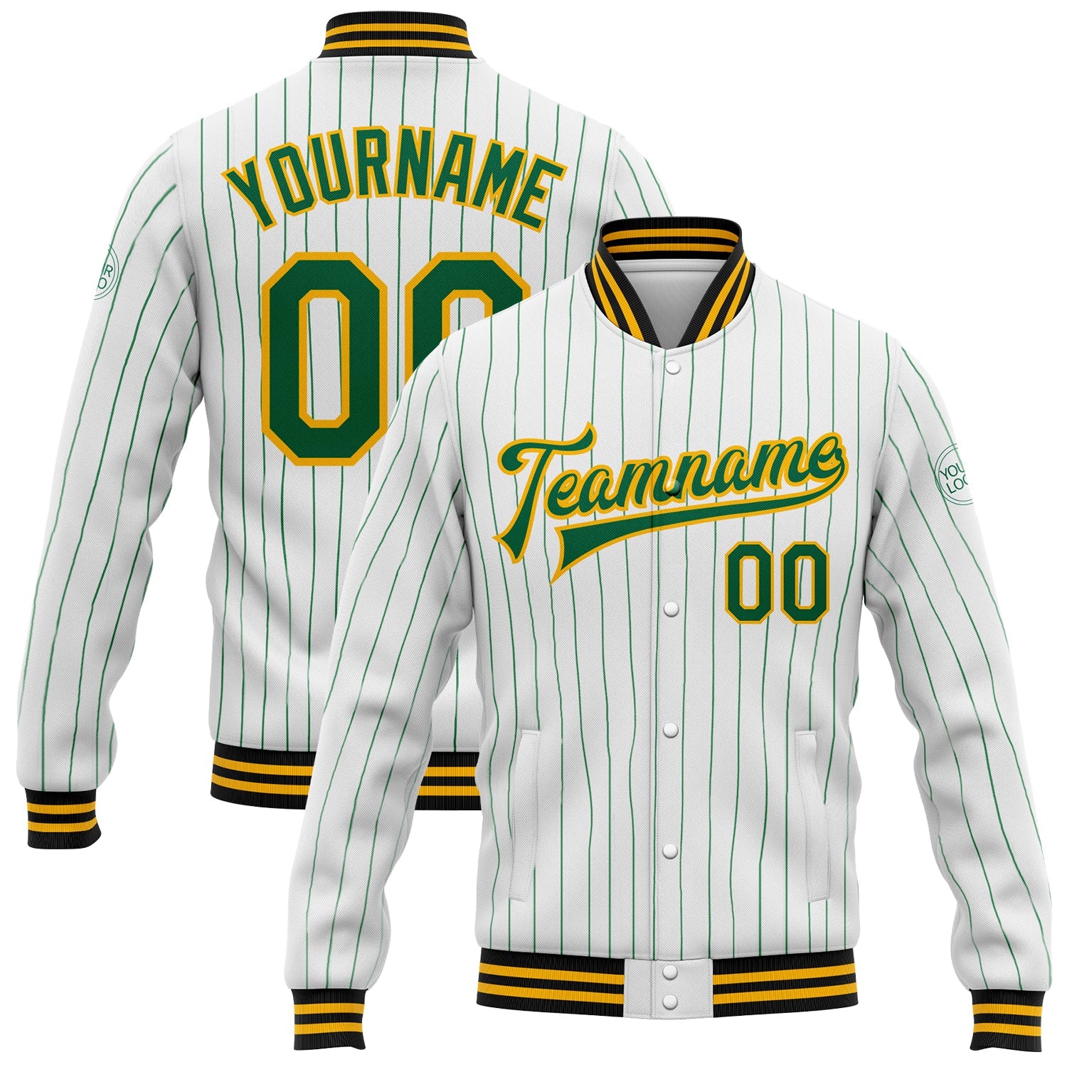 Custom White Kelly Green Pinstripe Gold-Black Bomber Full-Snap Varsity Letterman Jacket - Main View