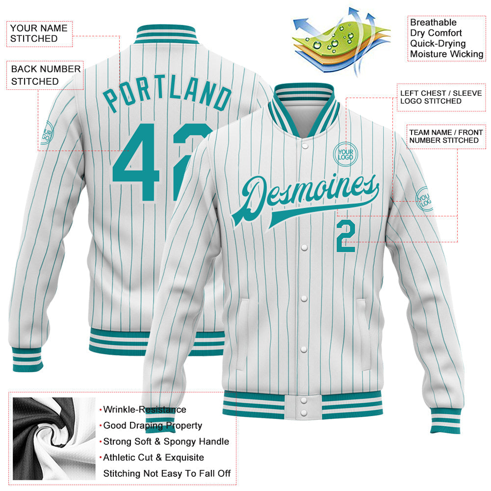 Custom White Teal Pinstripe Teal Bomber Full-Snap Varsity Letterman Jacket view 5