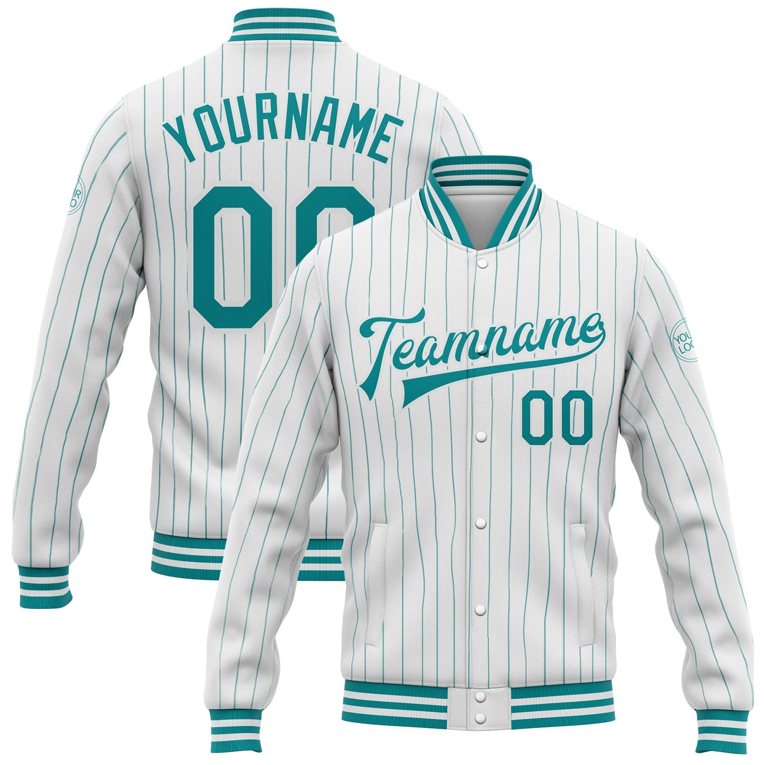 Custom White Teal Pinstripe Teal Bomber Full-Snap Varsity Letterman Jacket - Main View