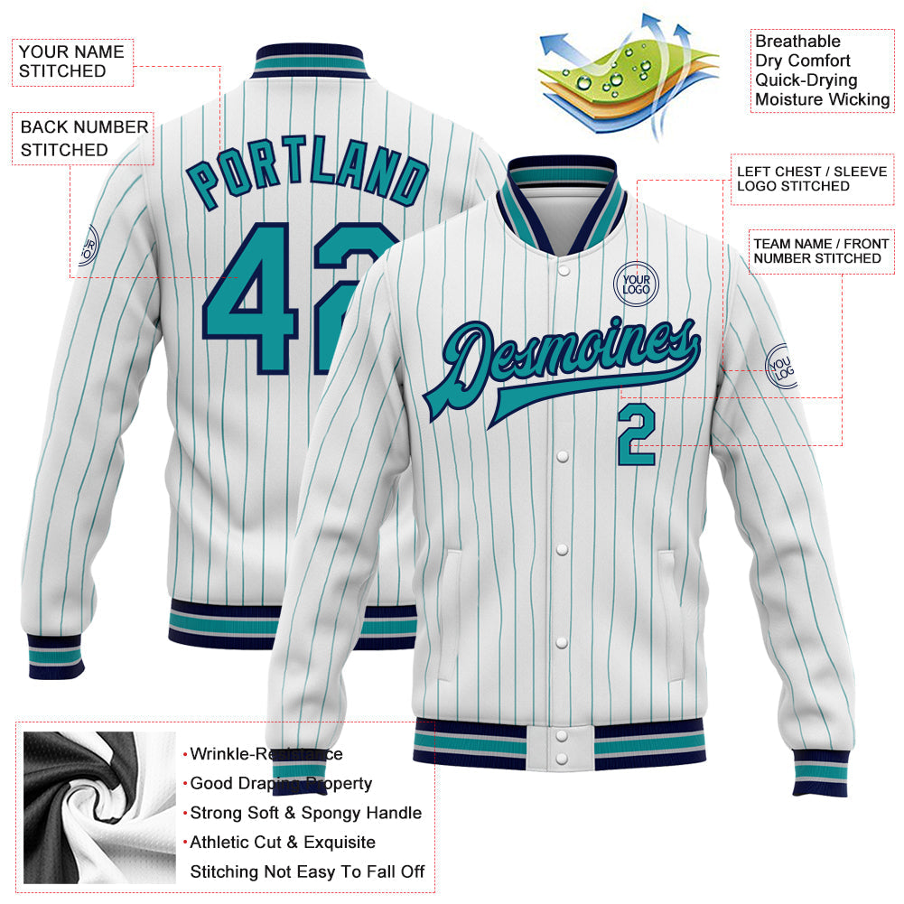 Custom White Teal Pinstripe Navy Bomber Full-Snap Varsity Letterman Jacket view 5