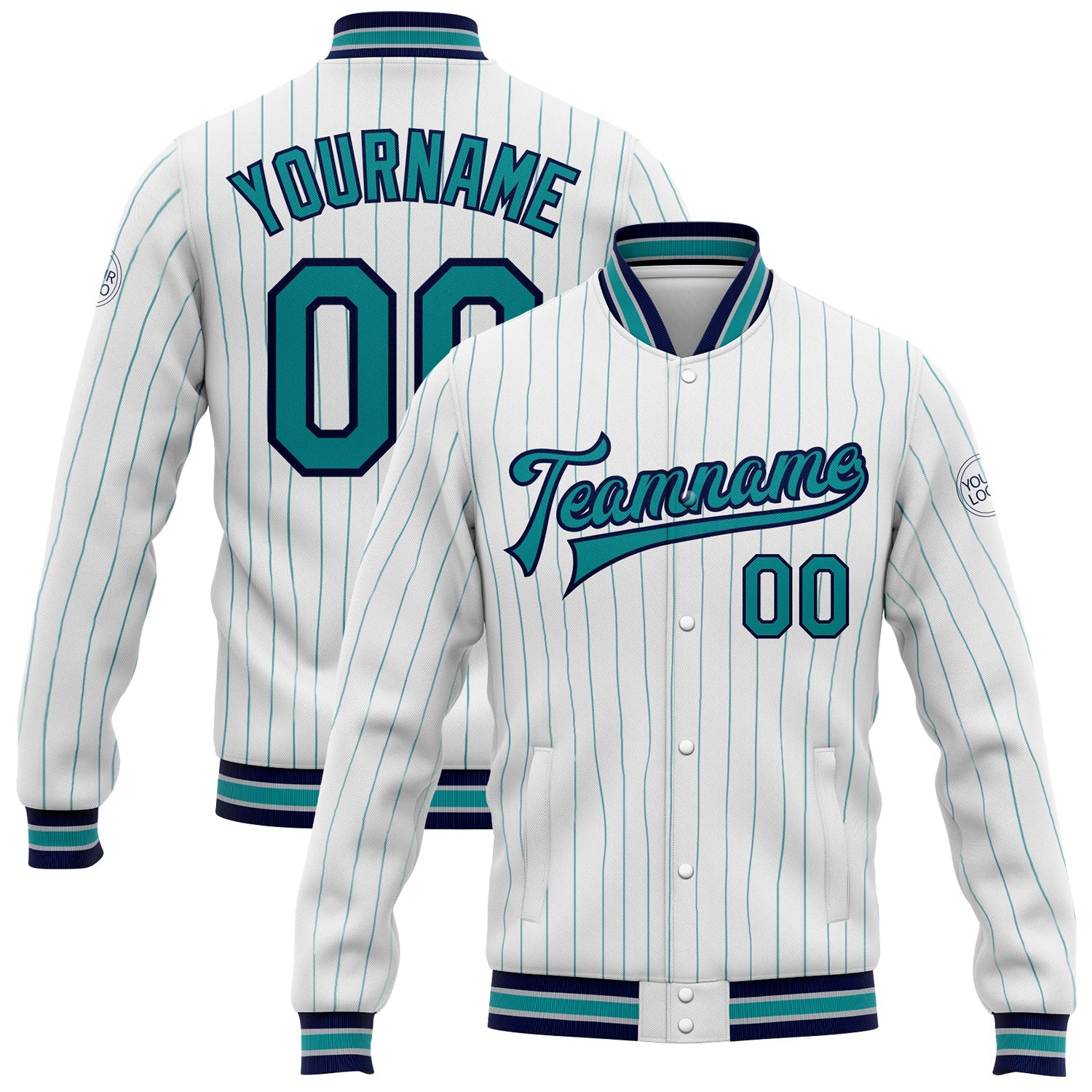 Custom White Teal Pinstripe Navy Bomber Full-Snap Varsity Letterman Jacket - Main View
