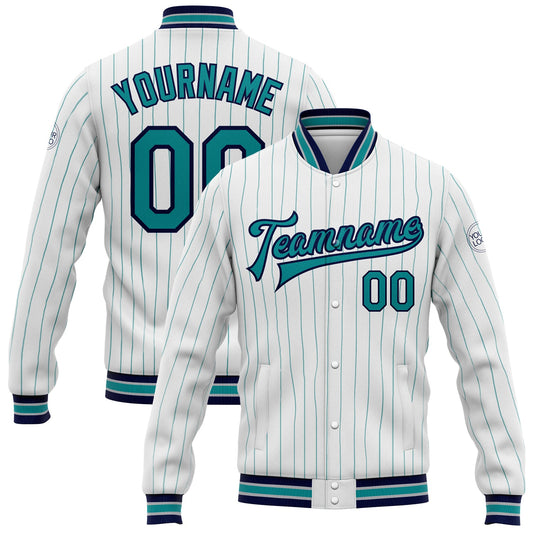 Custom White Teal Pinstripe Navy Bomber Full-Snap Varsity Letterman Jacket - Main View
