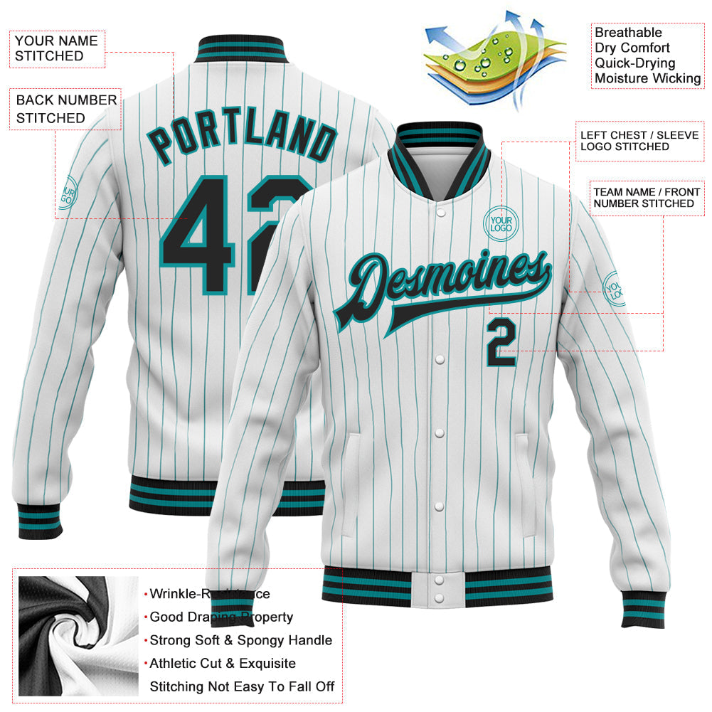 Custom White Teal Pinstripe Black Bomber Full-Snap Varsity Letterman Jacket view 5