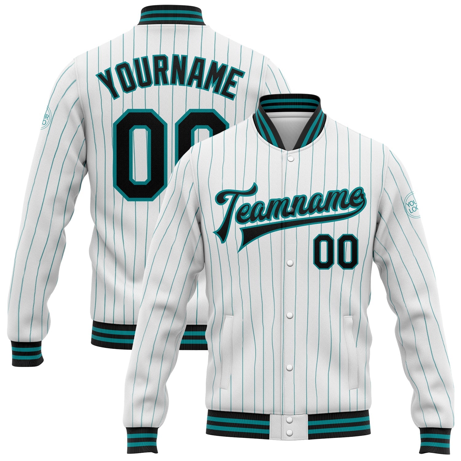 Custom White Teal Pinstripe Black Bomber Full-Snap Varsity Letterman Jacket - Main View