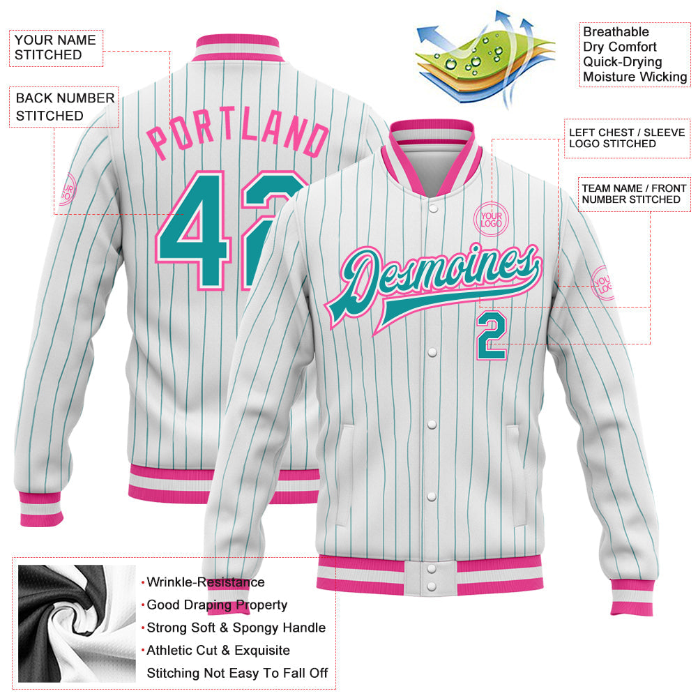 Custom White Teal Pinstripe Pink Bomber Full-Snap Varsity Letterman Jacket view 5