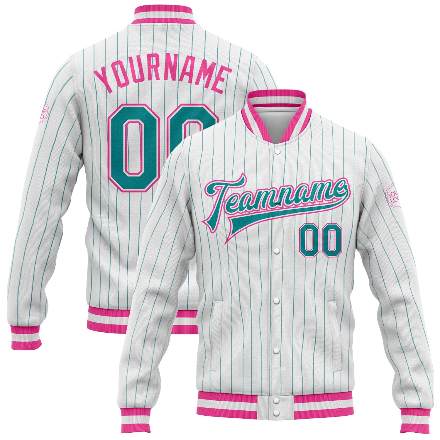 Custom White Teal Pinstripe Pink Bomber Full-Snap Varsity Letterman Jacket - Main View
