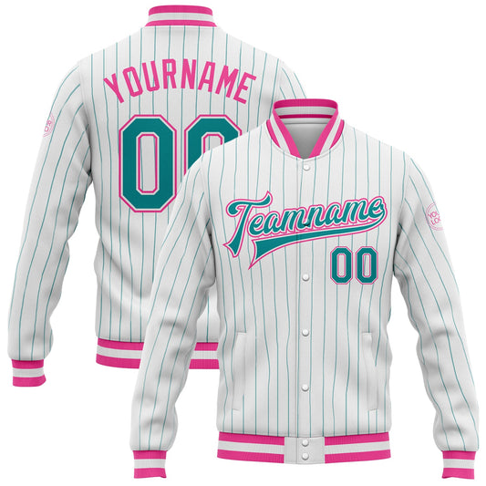 Custom White Teal Pinstripe Pink Bomber Full-Snap Varsity Letterman Jacket - Main View