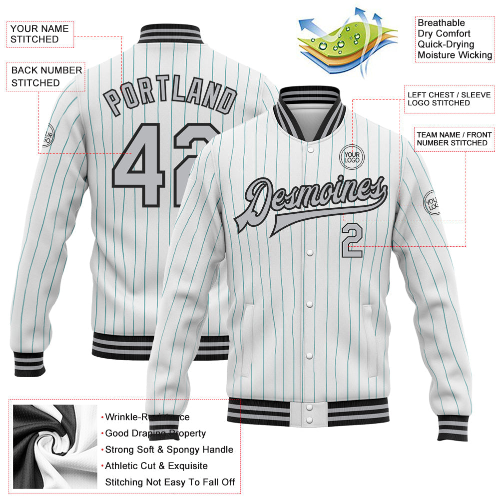 Custom White Teal Pinstripe Gray-Black Bomber Full-Snap Varsity Letterman Jacket view 5