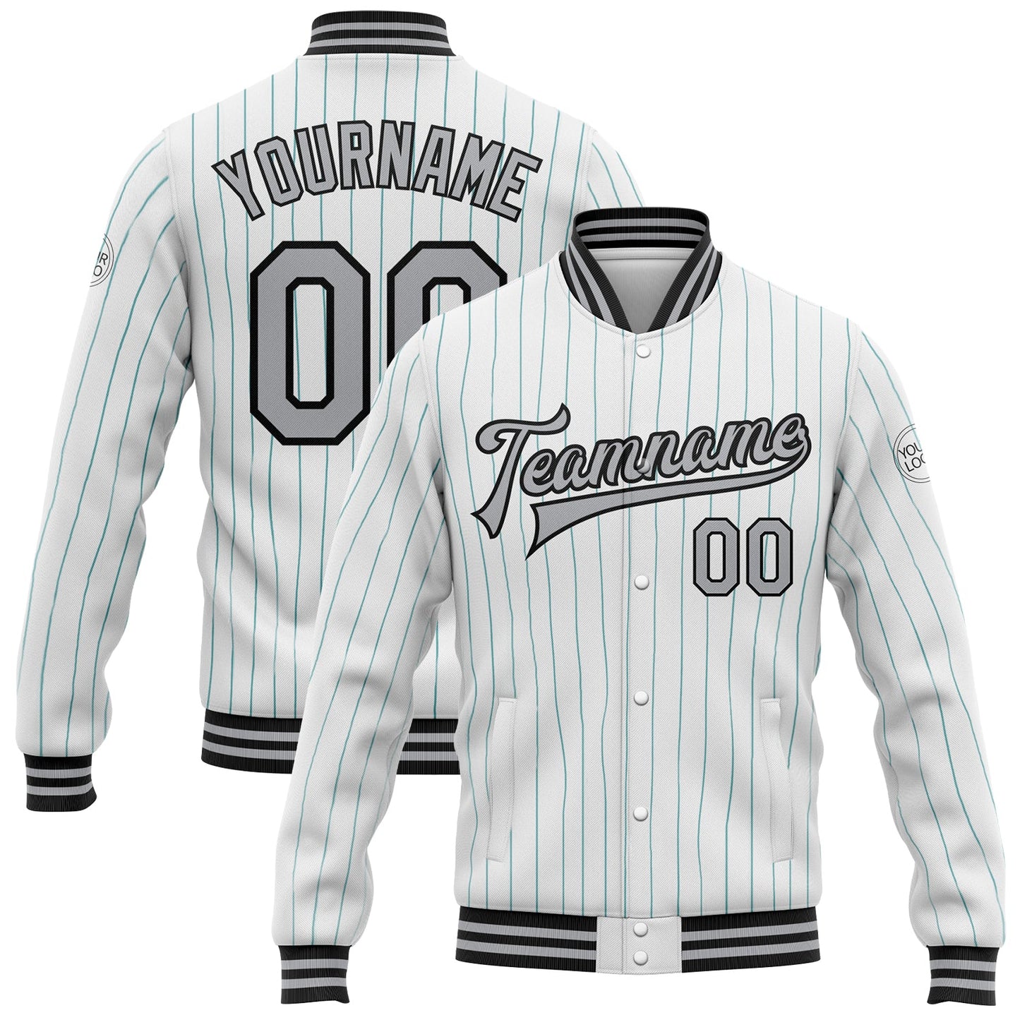 Custom White Teal Pinstripe Gray-Black Bomber Full-Snap Varsity Letterman Jacket - Main View