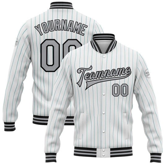Custom White Teal Pinstripe Gray-Black Bomber Full-Snap Varsity Letterman Jacket - Main View