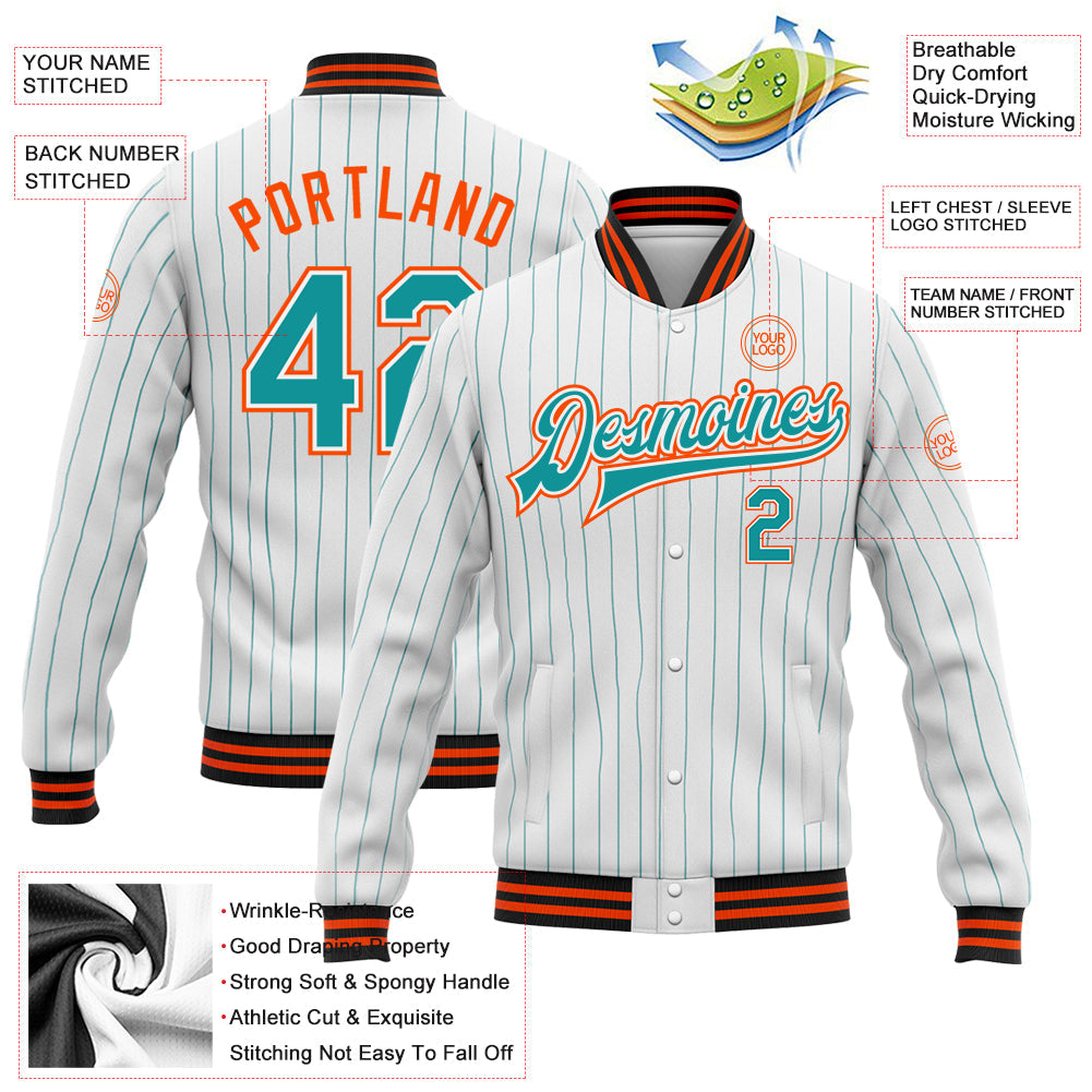 Custom White Teal Pinstripe Orange-Black Bomber Full-Snap Varsity Letterman Jacket view 5