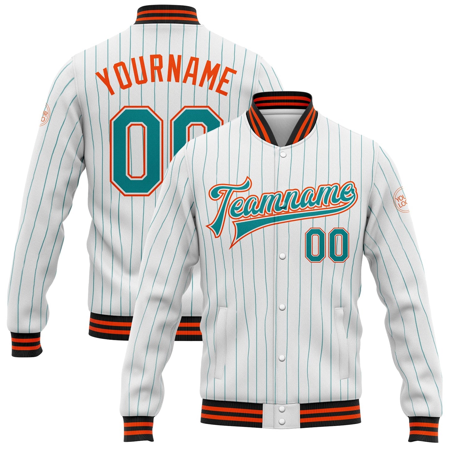 Custom White Teal Pinstripe Orange-Black Bomber Full-Snap Varsity Letterman Jacket - Main View