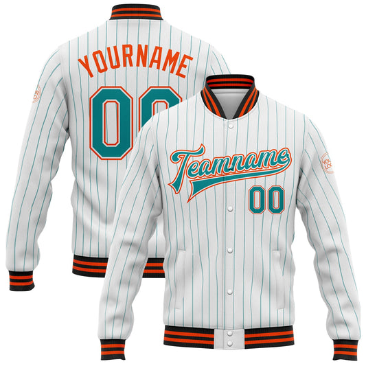 Custom White Teal Pinstripe Orange-Black Bomber Full-Snap Varsity Letterman Jacket - Main View