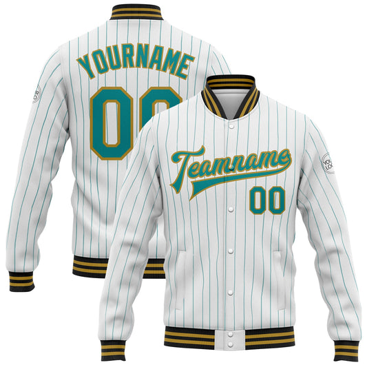 Custom White Teal Pinstripe Old Gold-Black Bomber Full-Snap Varsity Letterman Jacket - Main View
