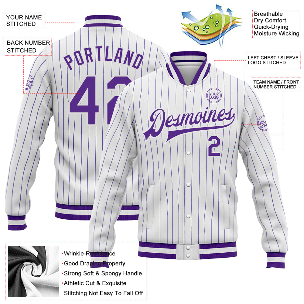 Custom White Purple Pinstripe Purple Bomber Full-Snap Varsity Letterman Jacket view 5