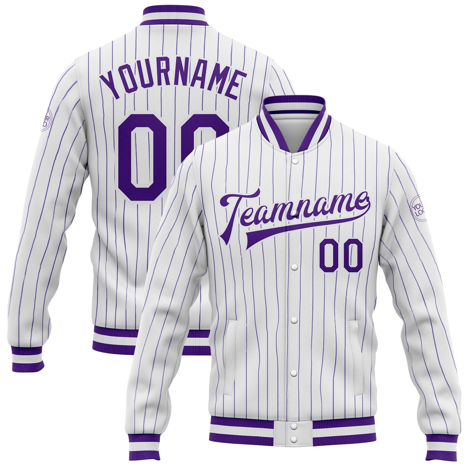 Custom White Purple Pinstripe Purple Bomber Full-Snap Varsity Letterman Jacket - Main View