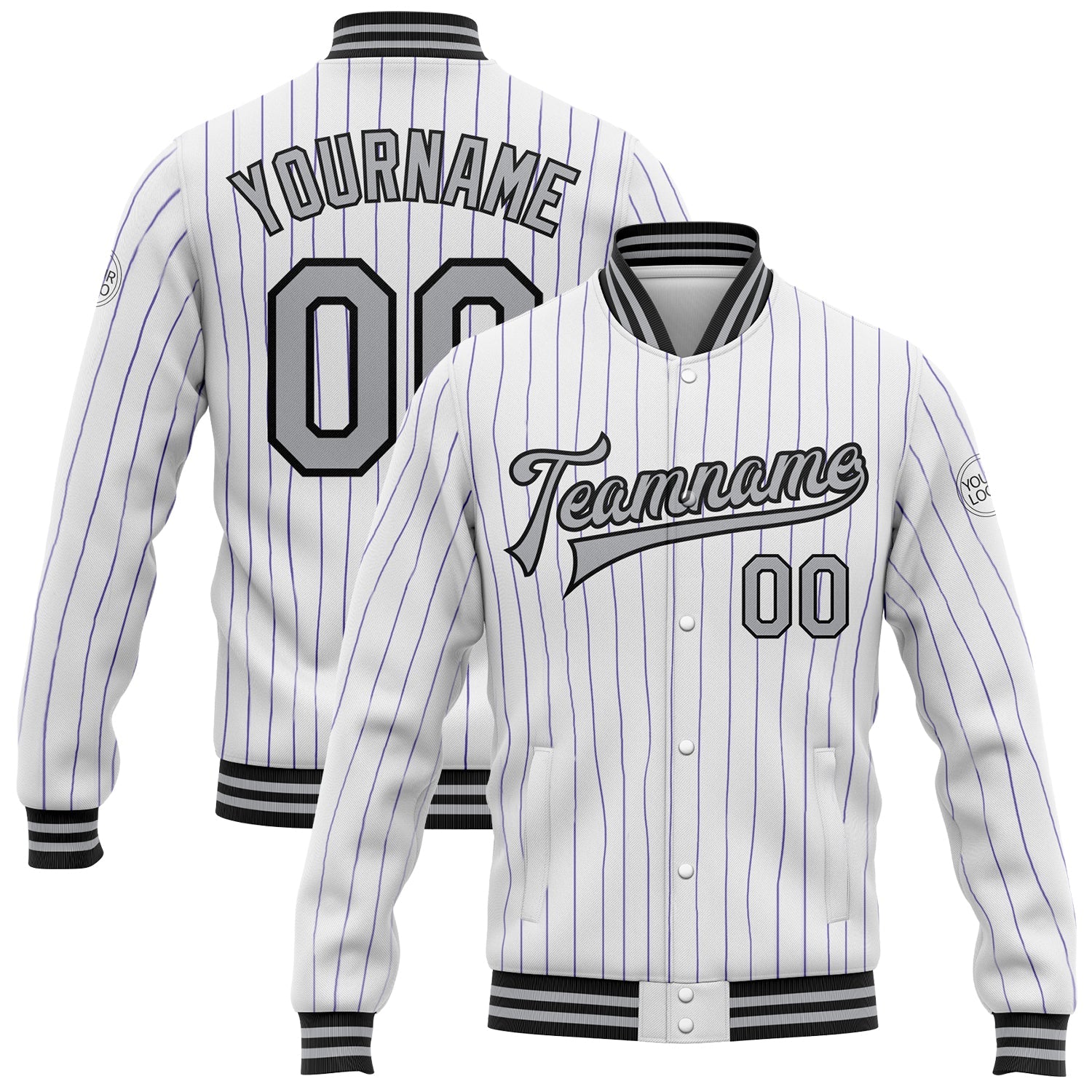 Custom White Purple Pinstripe Gray-Black Bomber Full-Snap Varsity Letterman Jacket - Main View