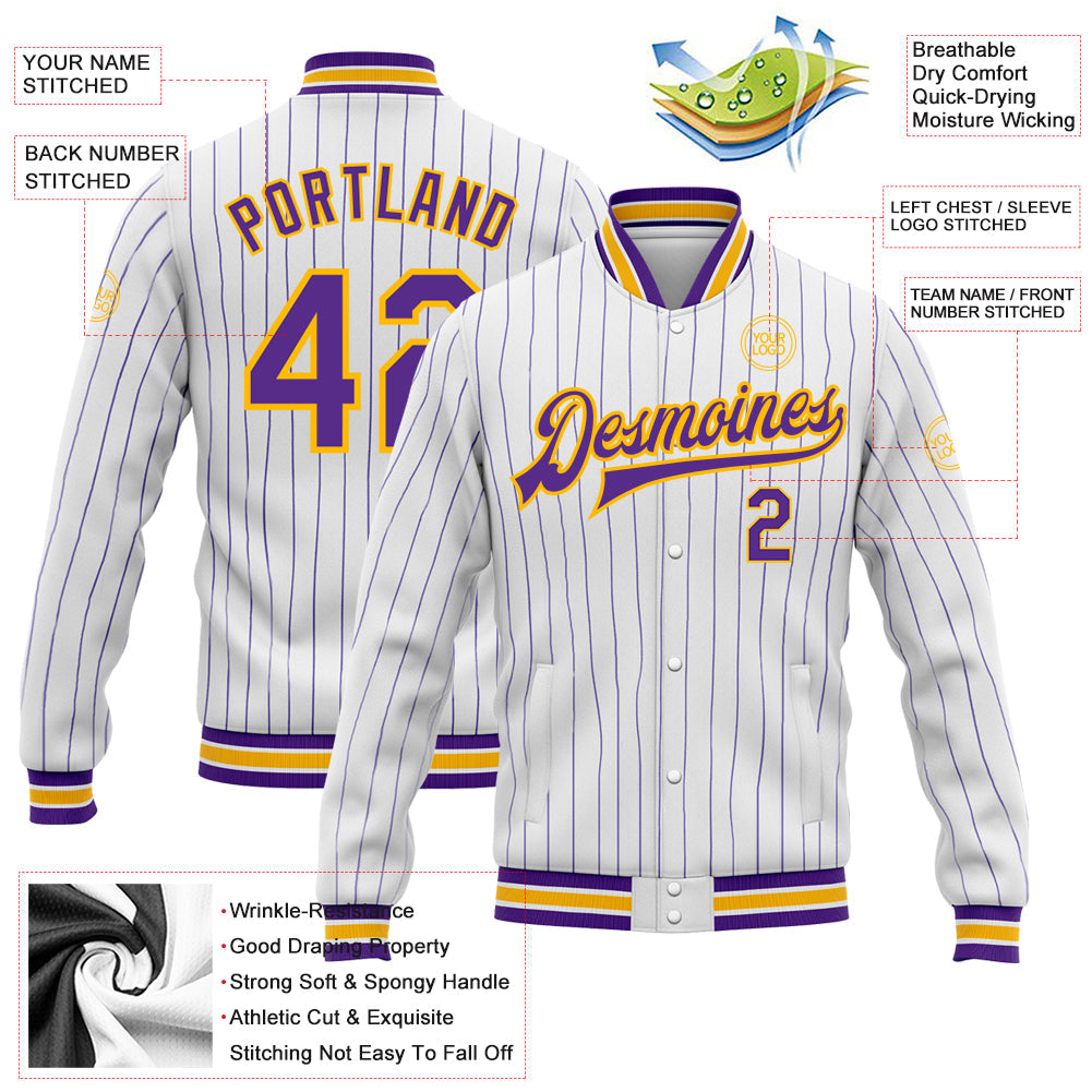 Custom White Purple Pinstripe Gold Bomber Full-Snap Varsity Letterman Jacket view 5