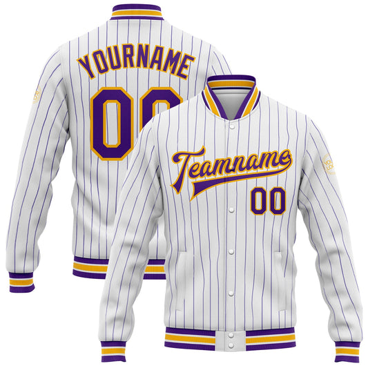 Custom White Purple Pinstripe Gold Bomber Full-Snap Varsity Letterman Jacket - Main View