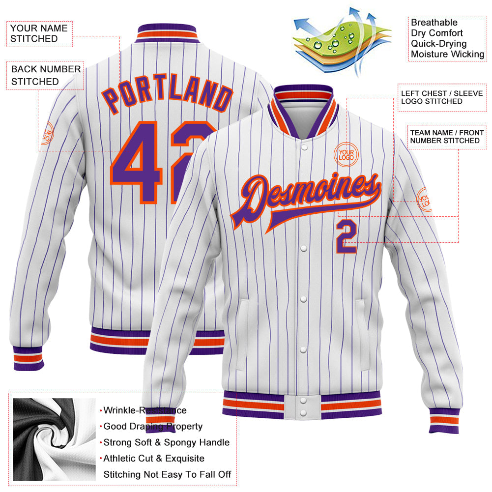 Custom White Purple Pinstripe Orange Bomber Full-Snap Varsity Letterman Jacket view 5