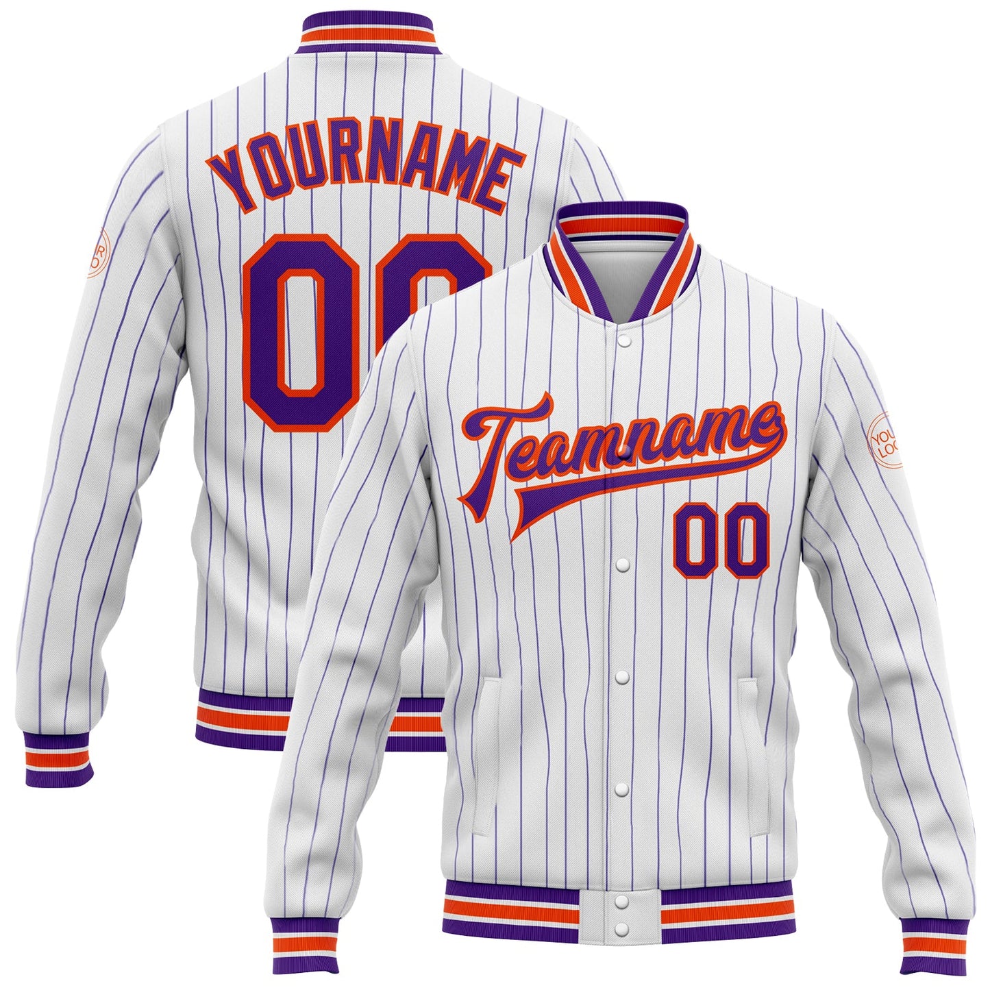 Custom White Purple Pinstripe Orange Bomber Full-Snap Varsity Letterman Jacket - Main View