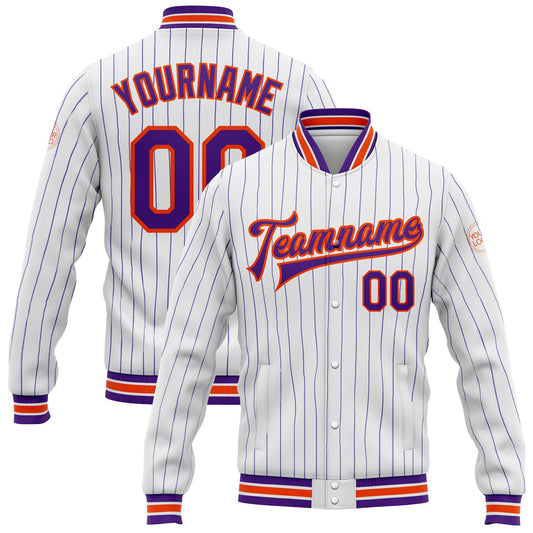 Custom White Purple Pinstripe Orange Bomber Full-Snap Varsity Letterman Jacket - Main View