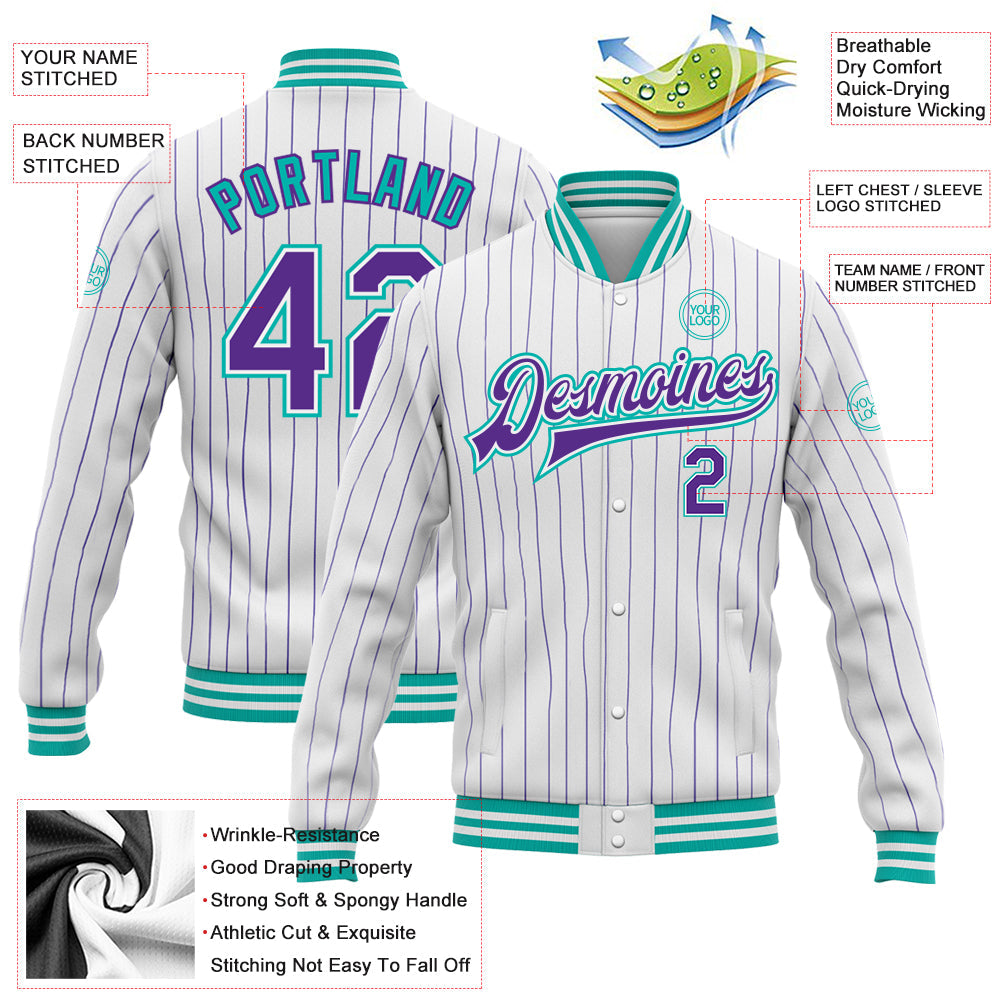 Custom White Purple Pinstripe Aqua Bomber Full-Snap Varsity Letterman Jacket view 5