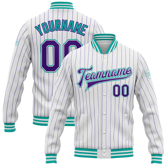 Custom White Purple Pinstripe Aqua Bomber Full-Snap Varsity Letterman Jacket - Main View
