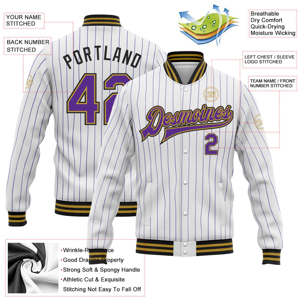 Custom White Purple Pinstripe Old Gold-Black Bomber Full-Snap Varsity Letterman Jacket view 5