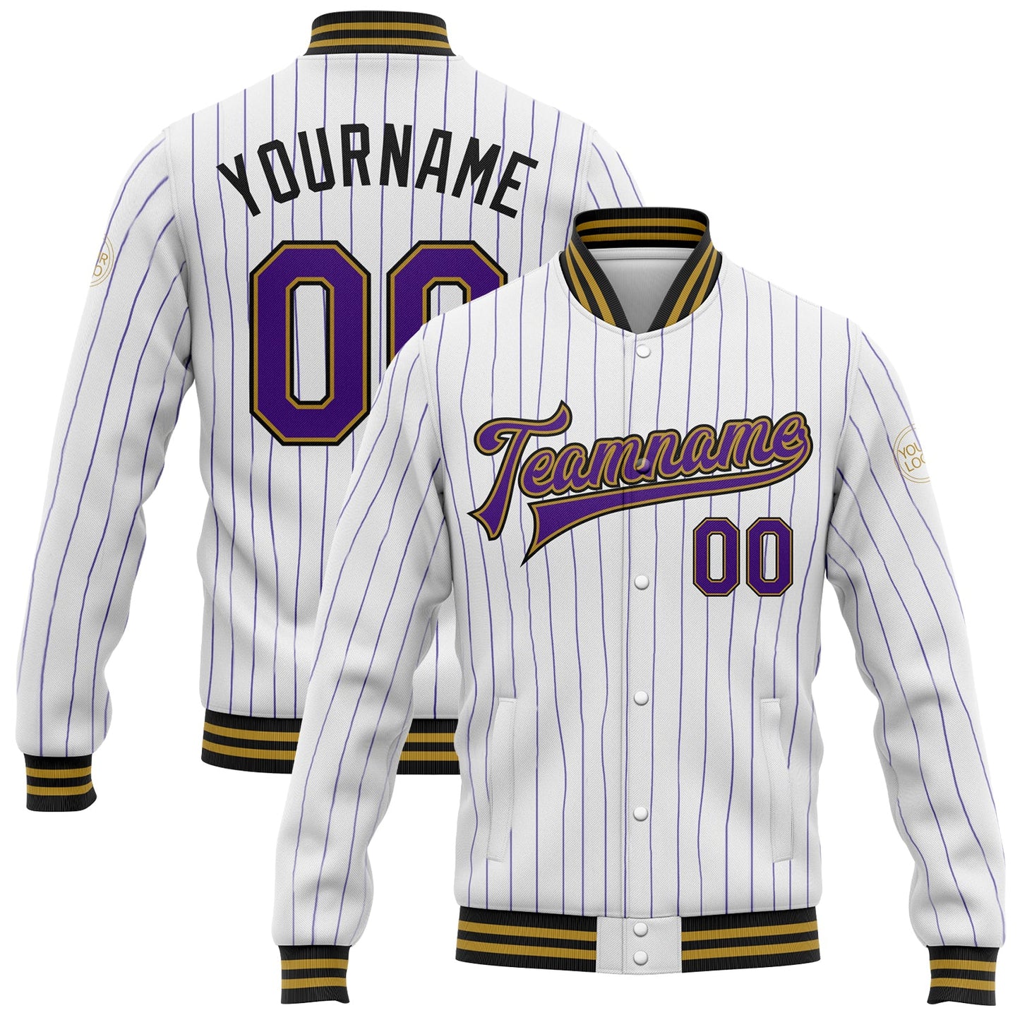 Custom White Purple Pinstripe Old Gold-Black Bomber Full-Snap Varsity Letterman Jacket - Main View