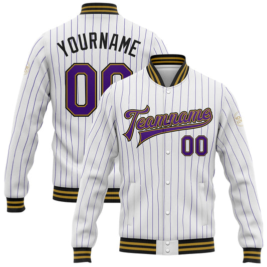 Custom White Purple Pinstripe Old Gold-Black Bomber Full-Snap Varsity Letterman Jacket - Main View