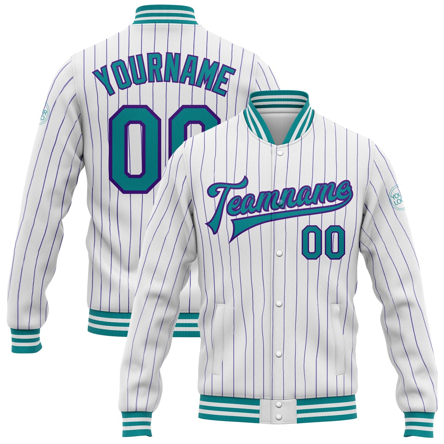 Custom White Purple Pinstripe Teal Bomber Full-Snap Varsity Letterman Jacket - Main View