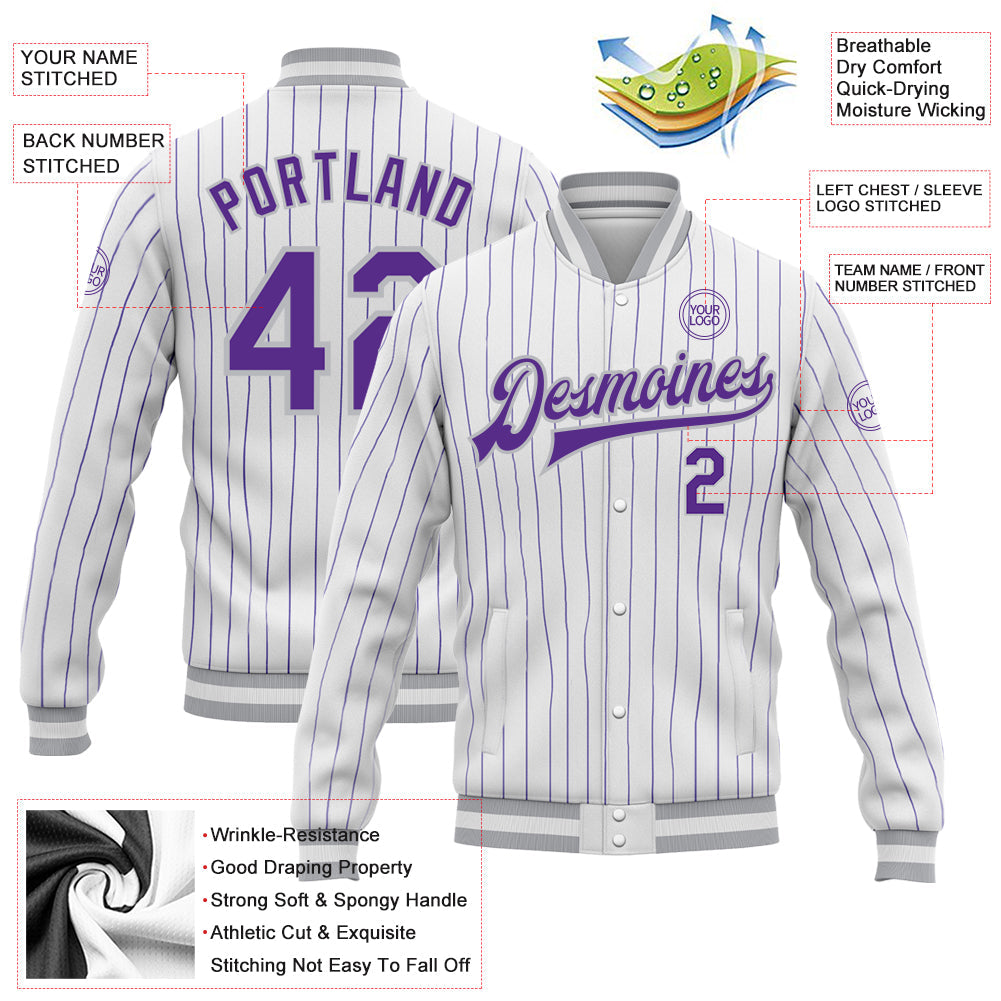 Custom White Purple Pinstripe Gray Bomber Full-Snap Varsity Letterman Jacket view 5