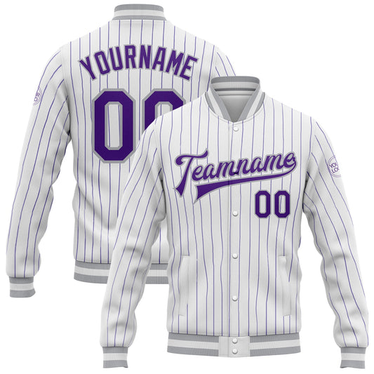 Custom White Purple Pinstripe Gray Bomber Full-Snap Varsity Letterman Jacket - Main View