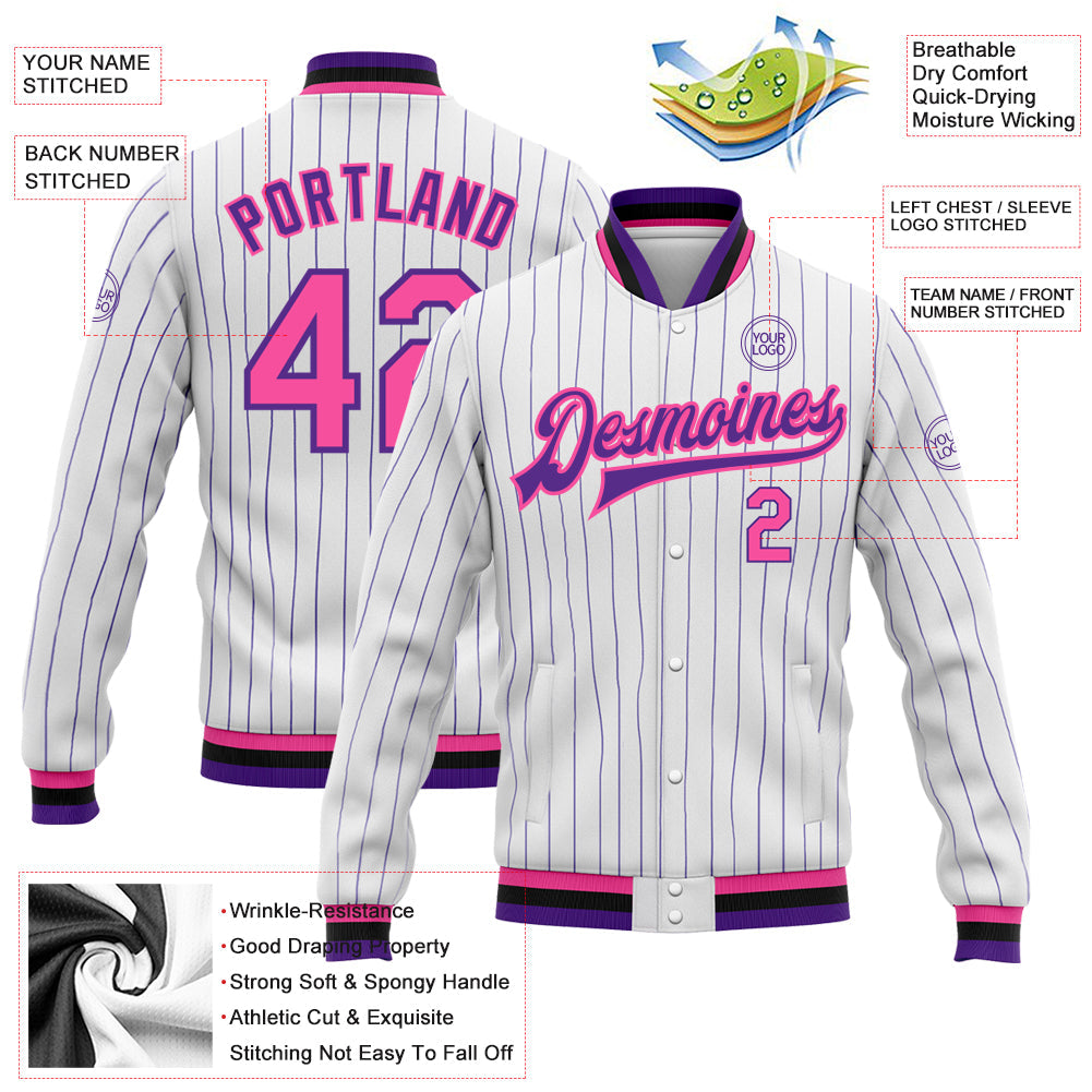 Custom White Purple Pinstripe Pink-Black Bomber Full-Snap Varsity Letterman Jacket view 5