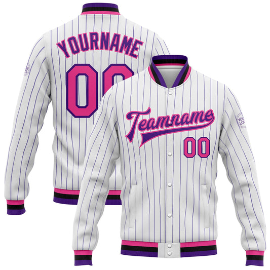 Custom White Purple Pinstripe Pink-Black Bomber Full-Snap Varsity Letterman Jacket - Main View