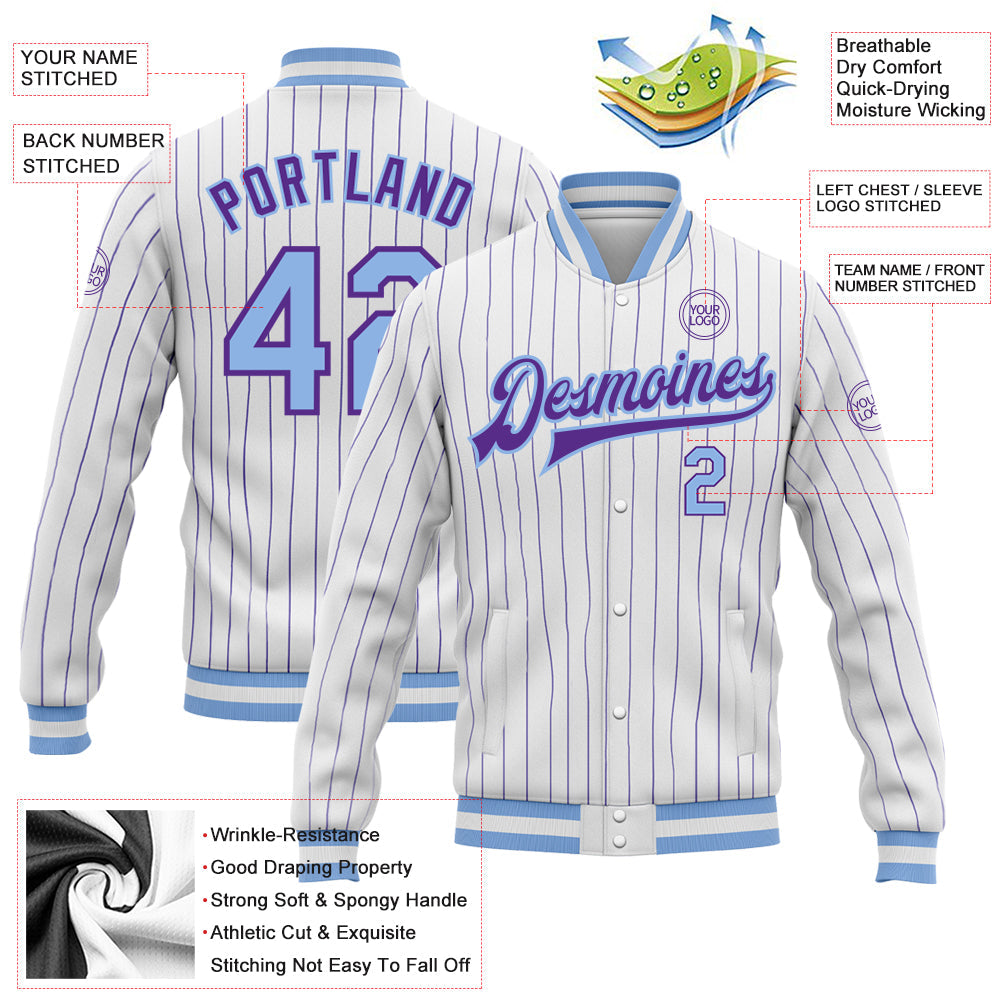 Custom White Purple Pinstripe Light Blue Bomber Full-Snap Varsity Letterman Jacket view 5