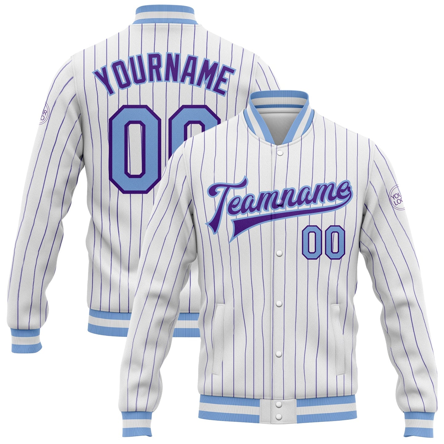 Custom White Purple Pinstripe Light Blue Bomber Full-Snap Varsity Letterman Jacket - Main View